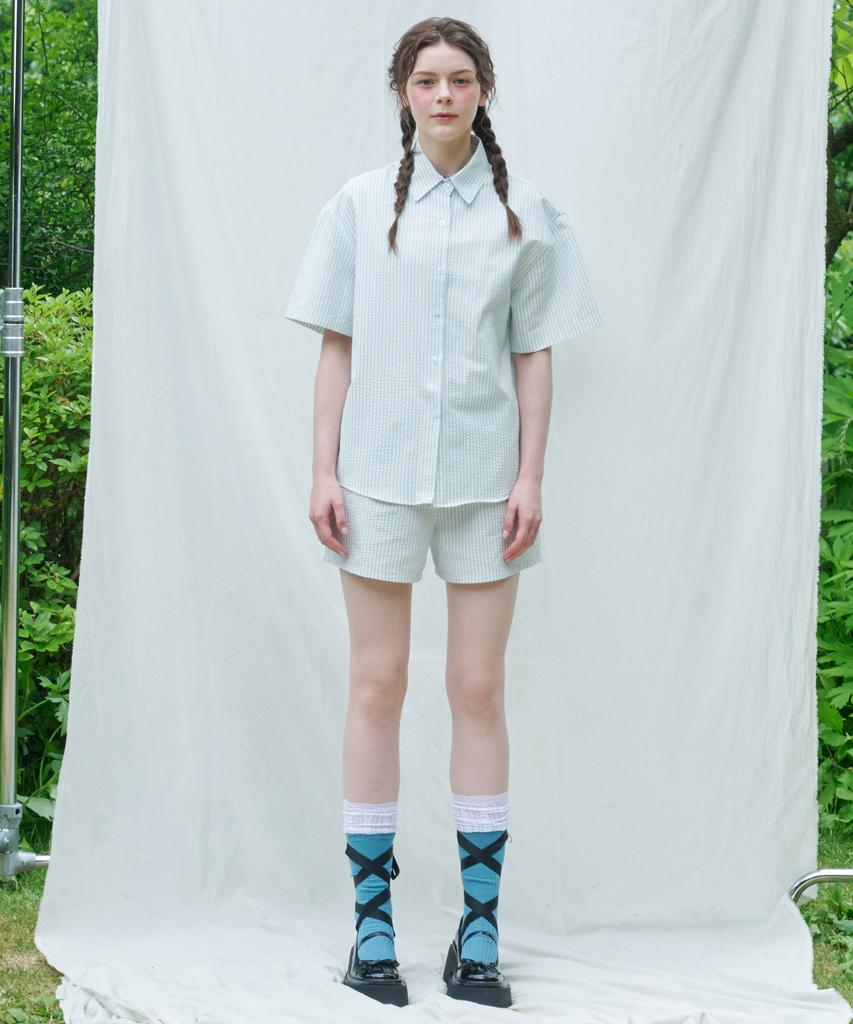 LOSSYROW Seersucker Stripe Shirt Blue