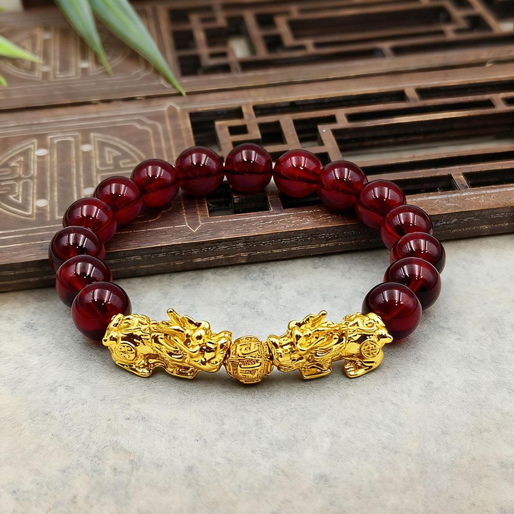 Gold-Plated Retro Pixiu Bracelet with 10mm Red Pomegranate Beads - Wealth Attraction Elastic Design