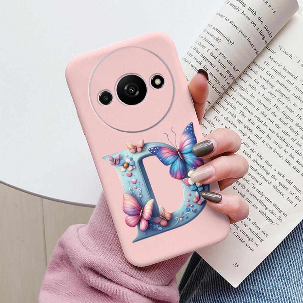 Handyhülle für Xiaomi Redmi A3 4G A3x Rosa Buchstabe Blume Schmetterling Stoßfest Weiches Silikon Cover Kameraschutz TPU Fundas