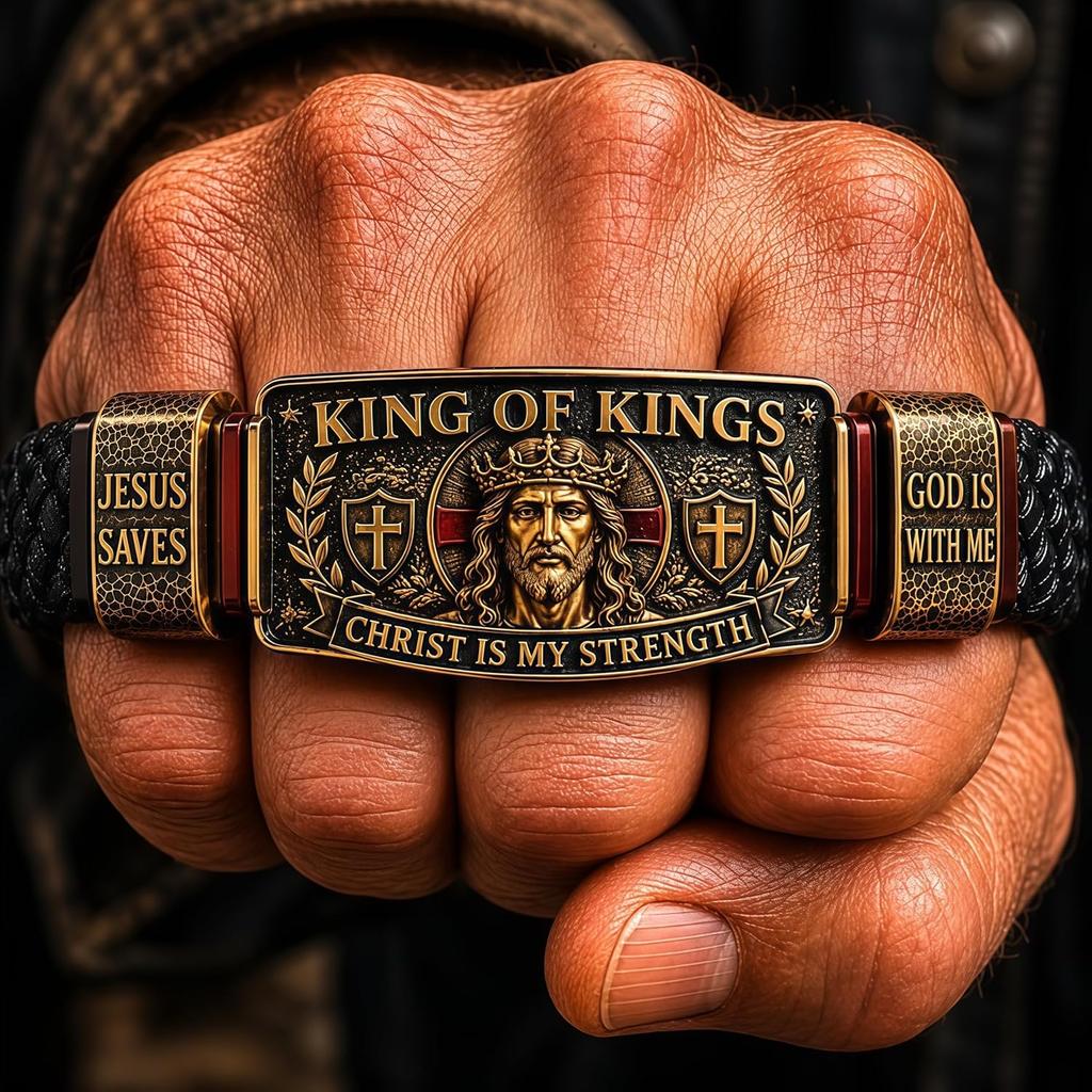 King of Kings Faith Bracelet Adjustable Christ Is My Strength Religious Inspirational Wristband,  Christian Wristband Gift for Men Husband Dad