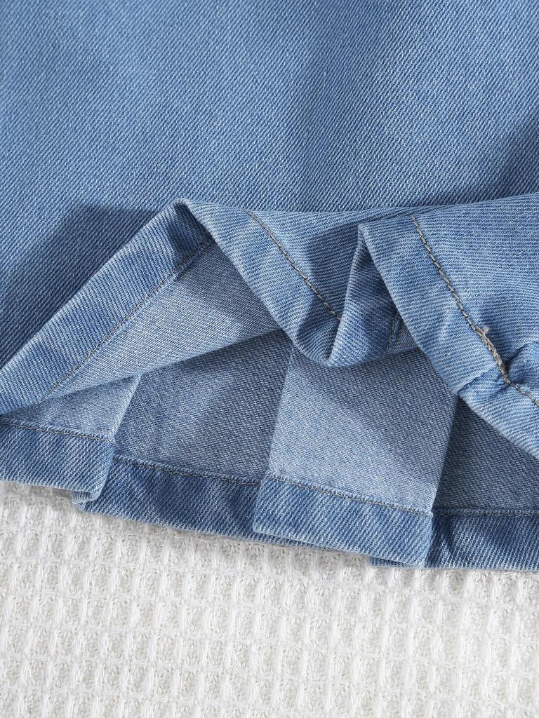 Single-piece Girls' Six-pointed Star Embroidered Casual Pleated Wide-leg Light-colored Denim Shorts/skirt