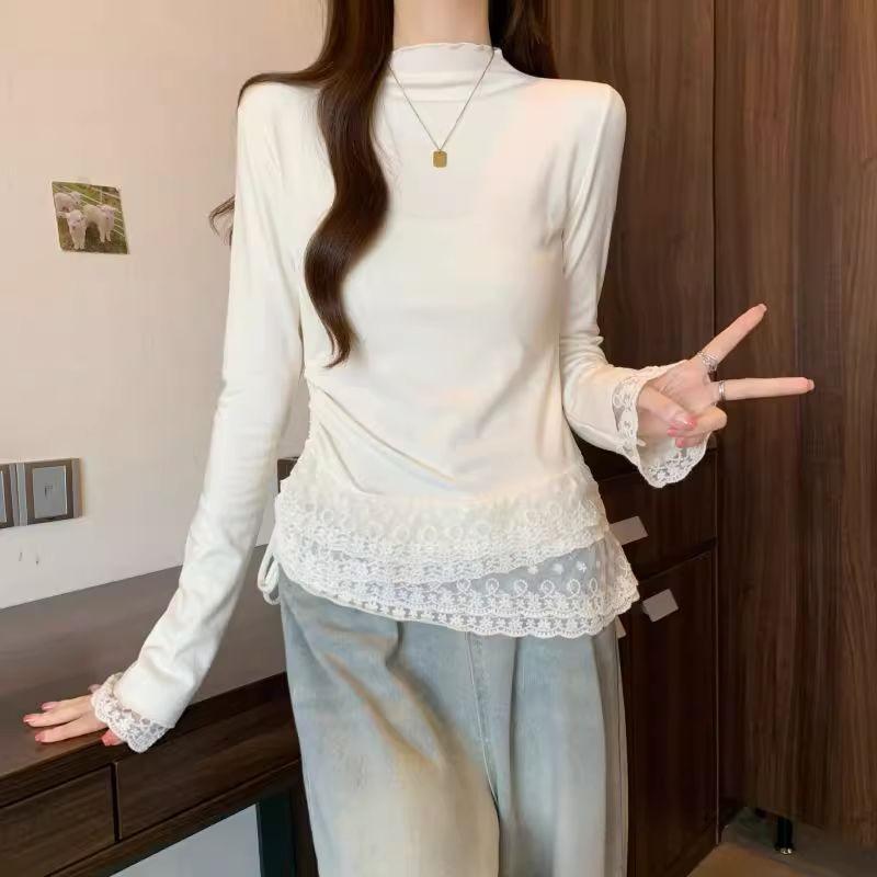 2026 Korean Style Lace High-Neck Long Sleeve T-shirt - Casual, Versatile Base Layer for Spring & Autumn