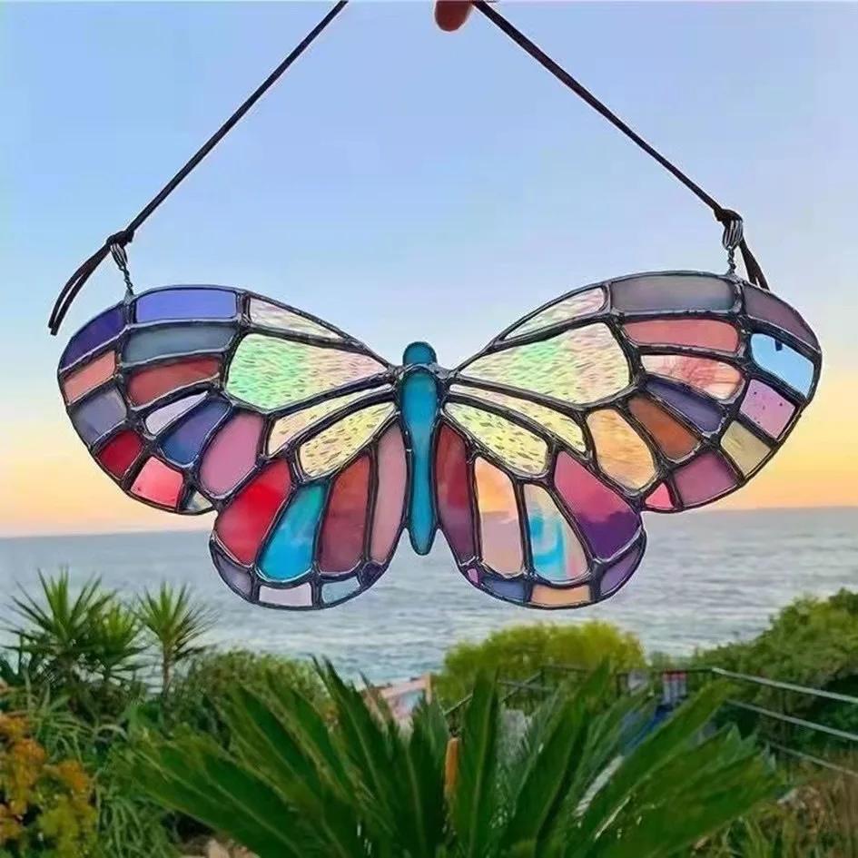 Farget glass vindusoppheng bikube flerfarget sommerfugl bie farget glasspaneler farget glass kolibri vindusoppheng