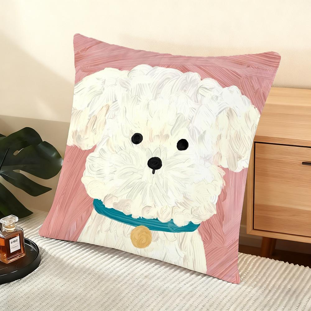 Cute Oil Painting Dog Cushion Cover Soft Short Plush Pillow Cover Smooth Cozy Texture Aesthetic Cushion Case Home Decor