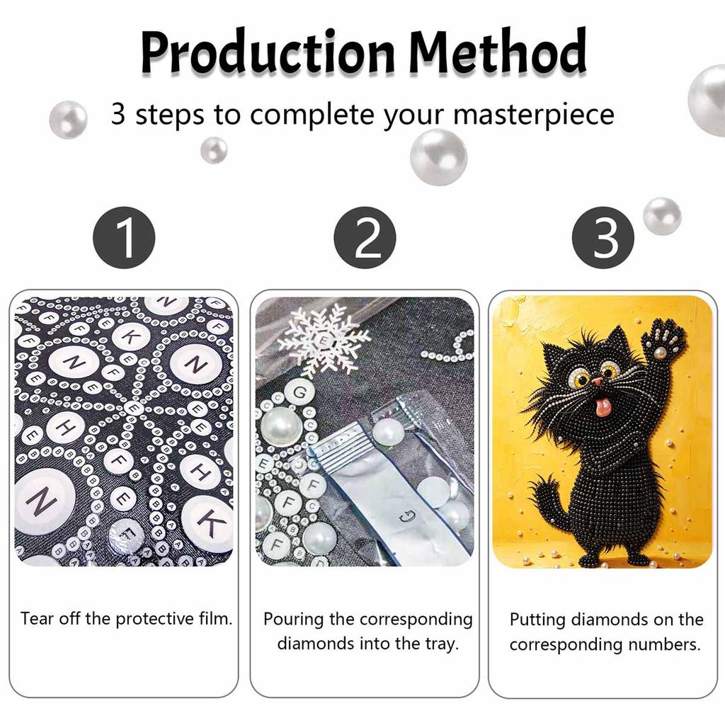 Framed Pearl Painting Kit Cute Black Cat 3D Shiny Bead Art Canvas for Bedroom Living Room Decoration Wall Hanging Craft Gift Supplies Set