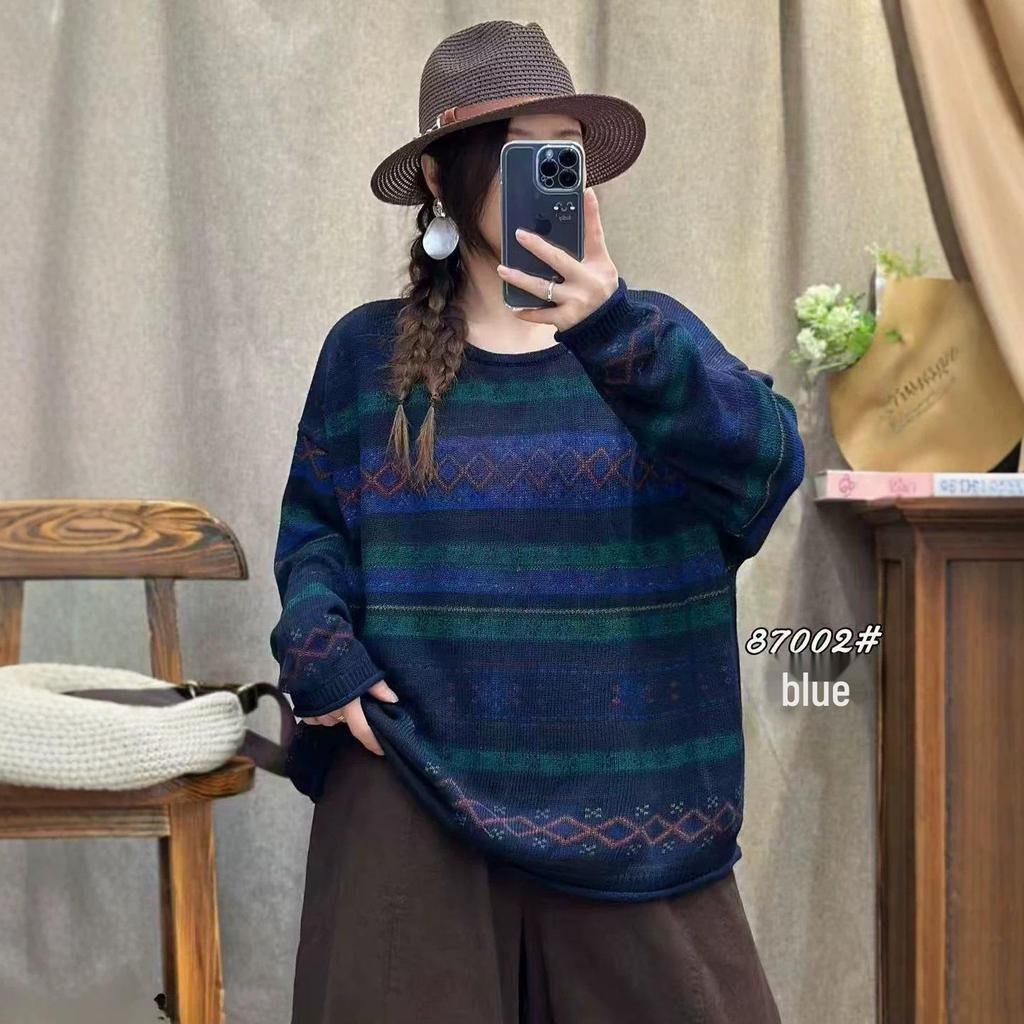 2026 Autumn Retro Striped Distressed Knit Sweater - Loose Round Neck Pullover Base Layer