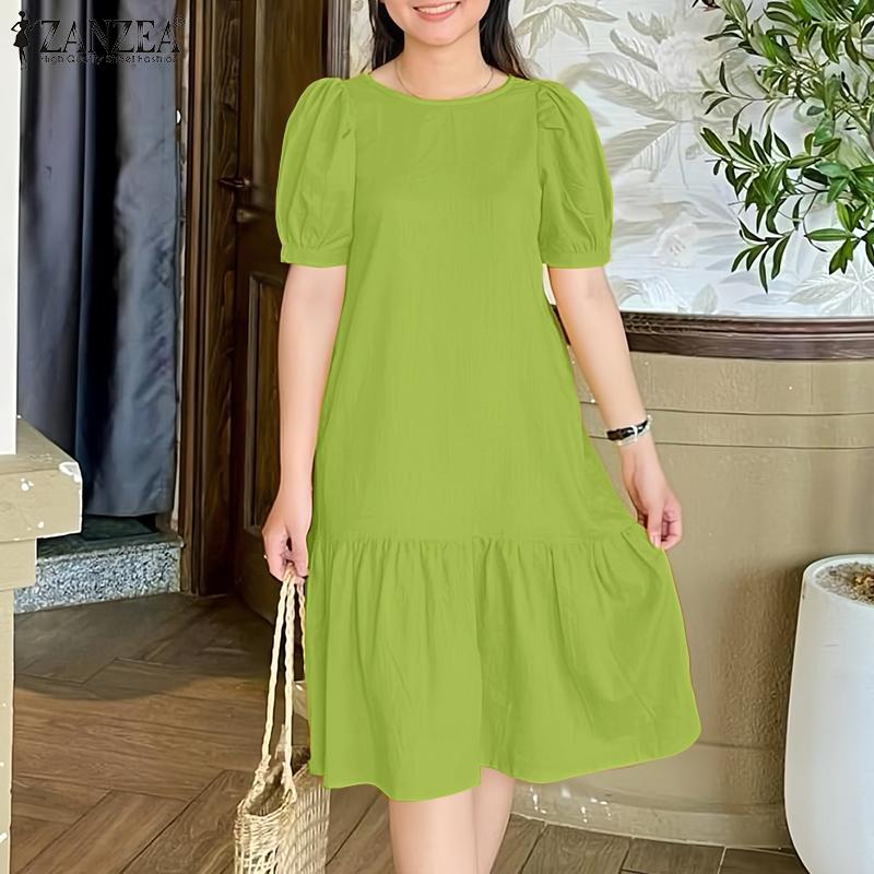 ZANZEA Damen Lässiges Rundhals Kurzarm Lockeres Sommerkleid