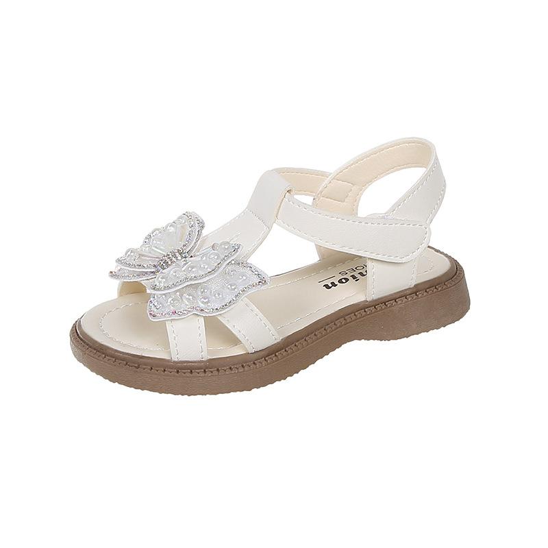 Girls Beach Shoes T-strap Soft Sole Children Princess Shoes Shiny Sweet Bows 2025 Summer New Kids Sandals Non-slip Cute Trendy