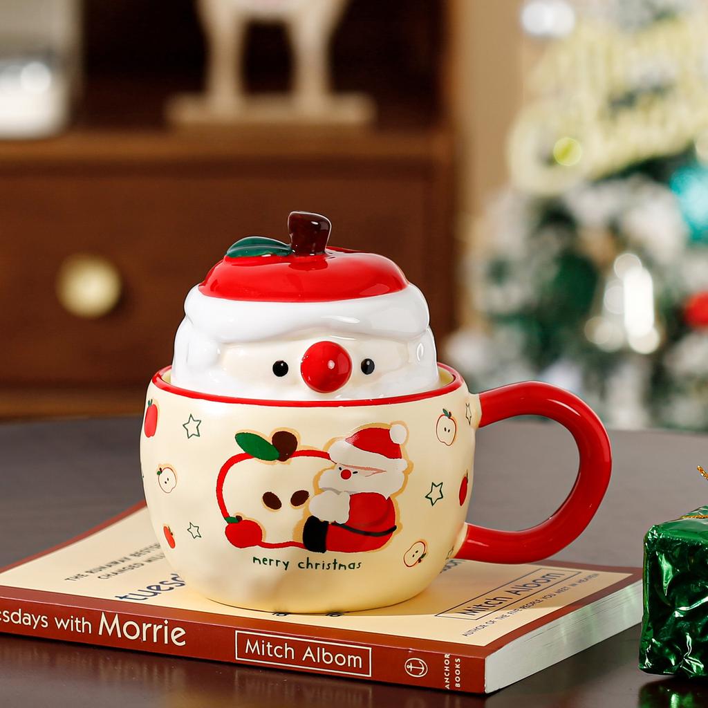 Neues Produkt mit Deckel Weihnachtsapfel Keramiktasse Hochwertiges Set Becher Souvenir Cartoon Niedlich Handbecher Geschenk