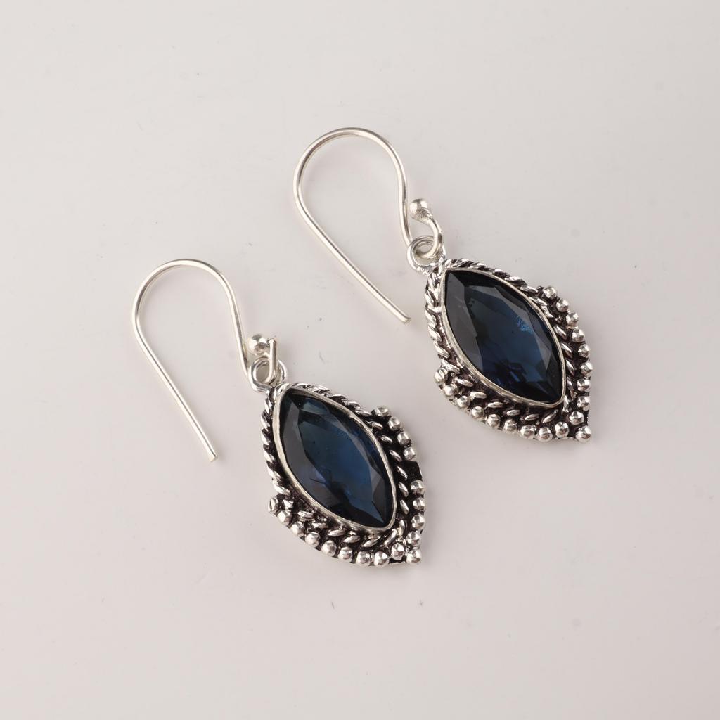 London Blue Topaz Gemstone Silver Earrings 1.6", 925 Sterling Silver Handmade Topaz Wedding Jewelry AEE-4-9