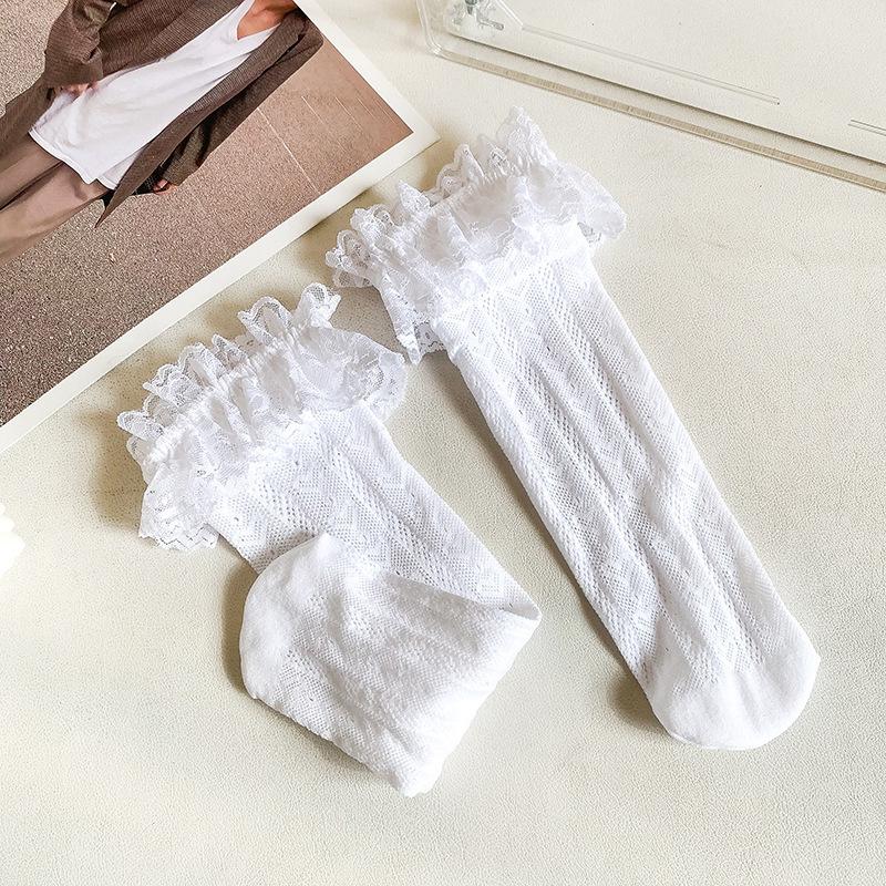 Children's Socks Summer Lolita Wooden Ear Mesh Ribbon Large Bow Mid-tube Socks for Girls