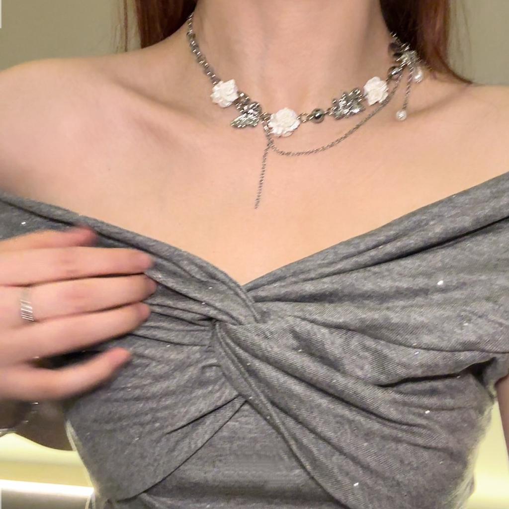 French White Flower Butterfly Pearl Tassel Choker, Light Luxury Clavicle Necklace