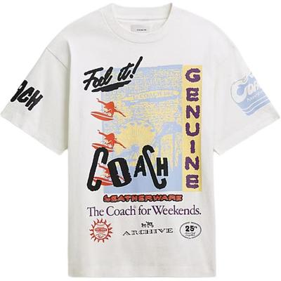 Coach Camiseta Unisex de Manga Corta con Cuello Redondo y Estampado de Letras, Corte Holgado, Color Blanco CBD50-WHT