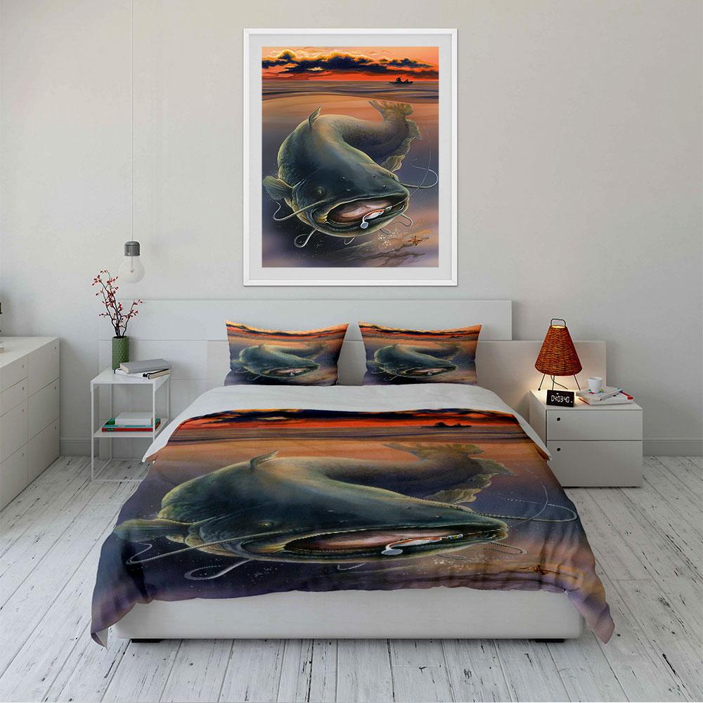 Catfish Sunset Fishing Scene Bedding Duvet Cover Set (1*Duvet Cover 2*Pillowcases, without duvet insert)
