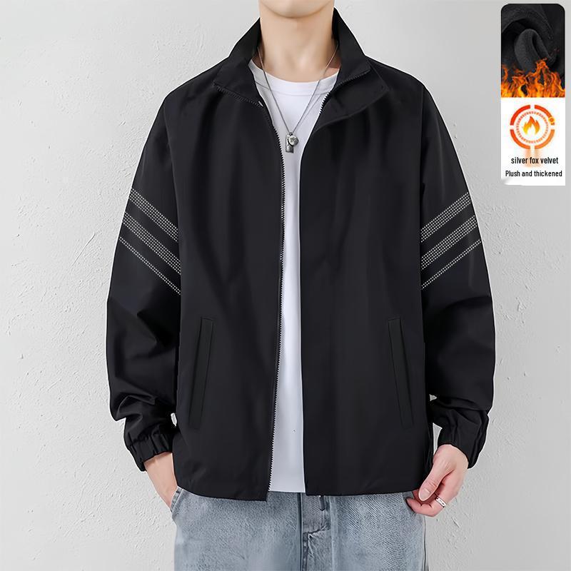 Men's Plus Velvet Stand Collar Baseball Jacket - Autumn/Winter, Loose Fit, Solid Color