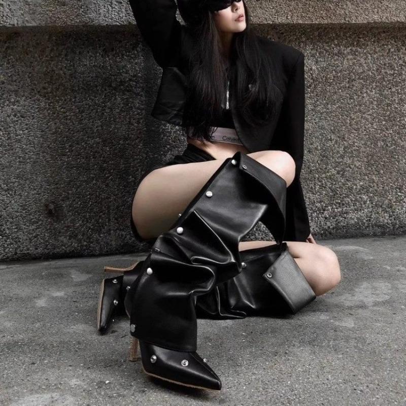 Fashion Black Platform Shoes Long Boots Women's Style Metal Belt Long Boots