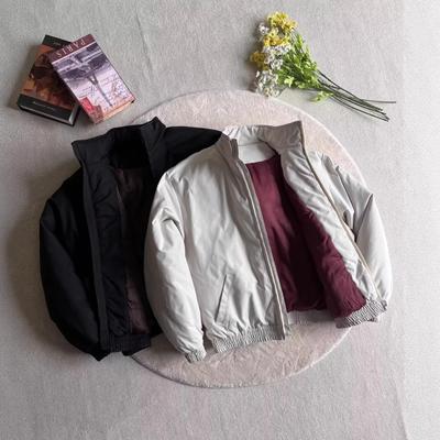 Men's Grey American Style Stand Collar Red Interior Padded Cotton Jacket for Autumn/Winter