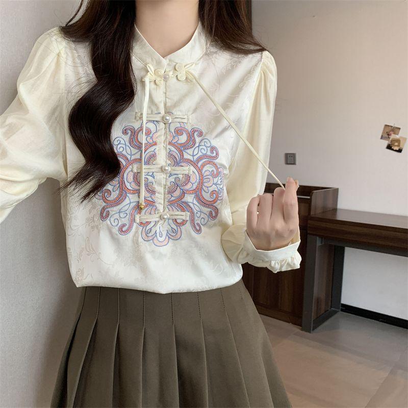 Real Shot Plus Size Early Women's Clothing Spring Style New Chinese National Style Buckle Tassel Retro Embroider Temperament Shirt Tops