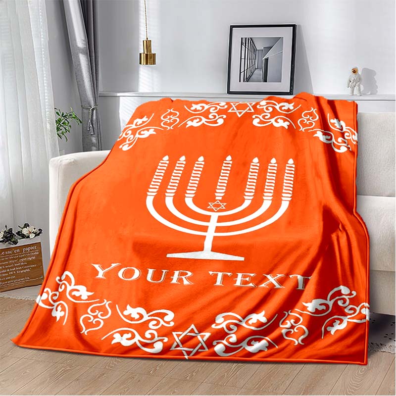 Golden Menorah Star David Red Floral Vintage Frame Black Print Soft Flannel Throw Blanket Sofa Bed Religious Holiday Warm Decor Cover