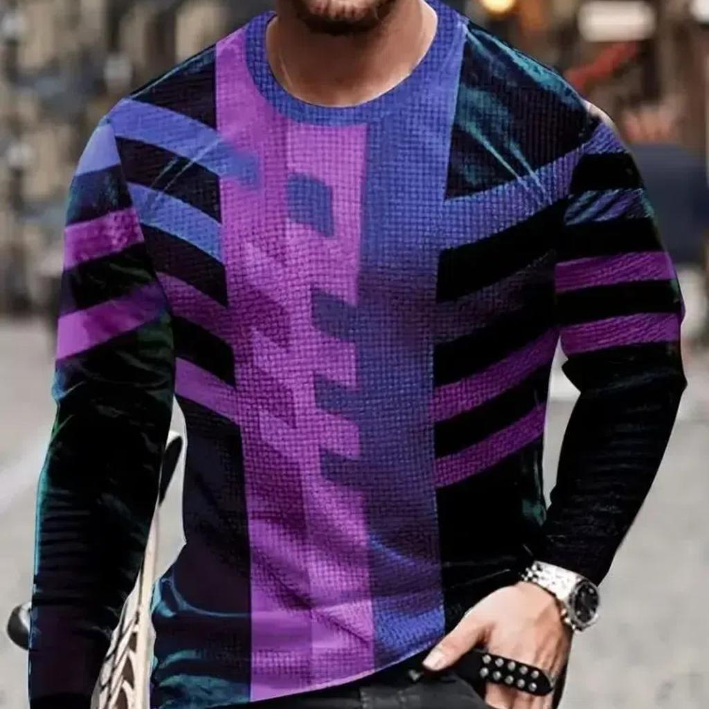 2024 Vintage Men's T-Shirt Color Block Long Sleeve 3D Clothing Print Harajuku Oversized Tops Men's Outdoor Jogging T-Shirt Tops