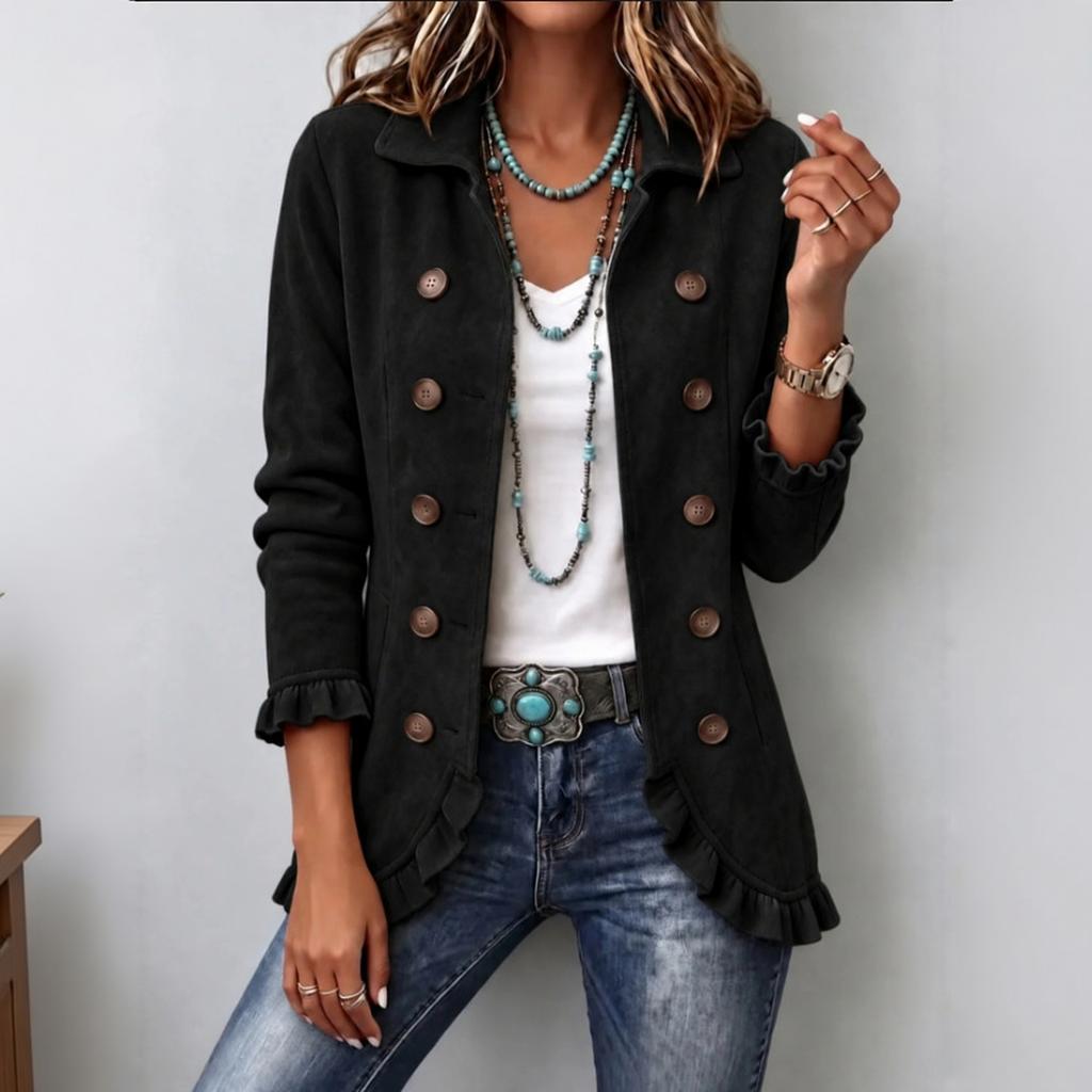 Women's Cropped Jacket Double-Breasted Lapel Collar Ruffle Hem Coat for Casual Wear