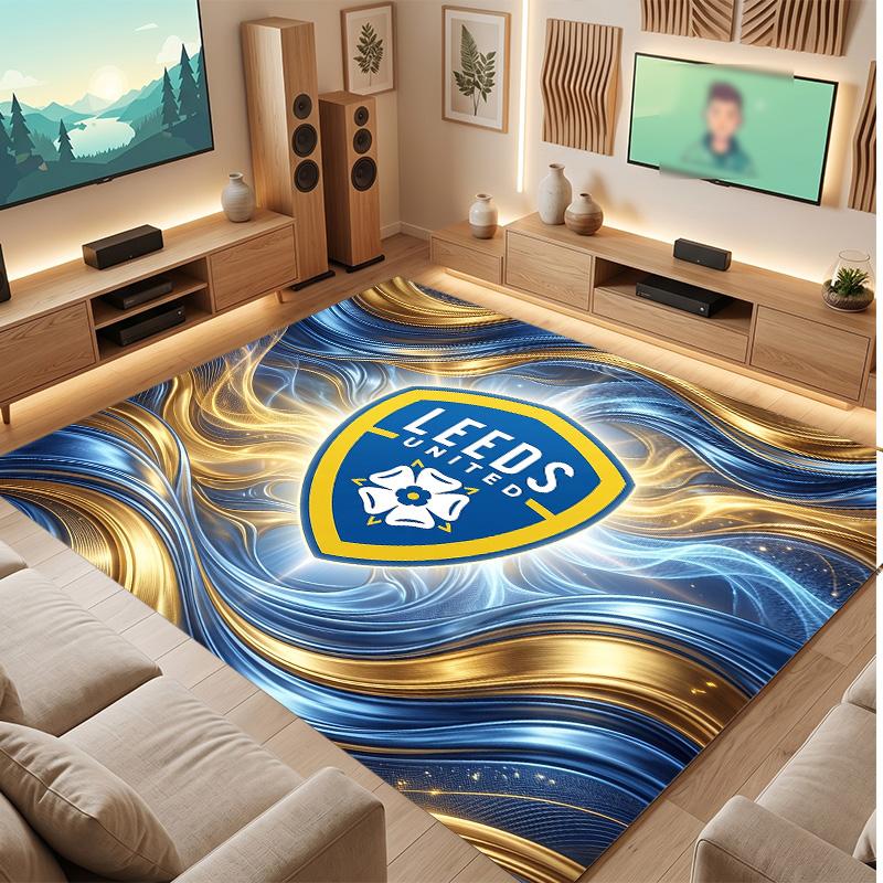 Leeds United Football Print Crystal Velvet Rug, Comfortable Water Absorbent Non Slip Indoor Floor Carpet