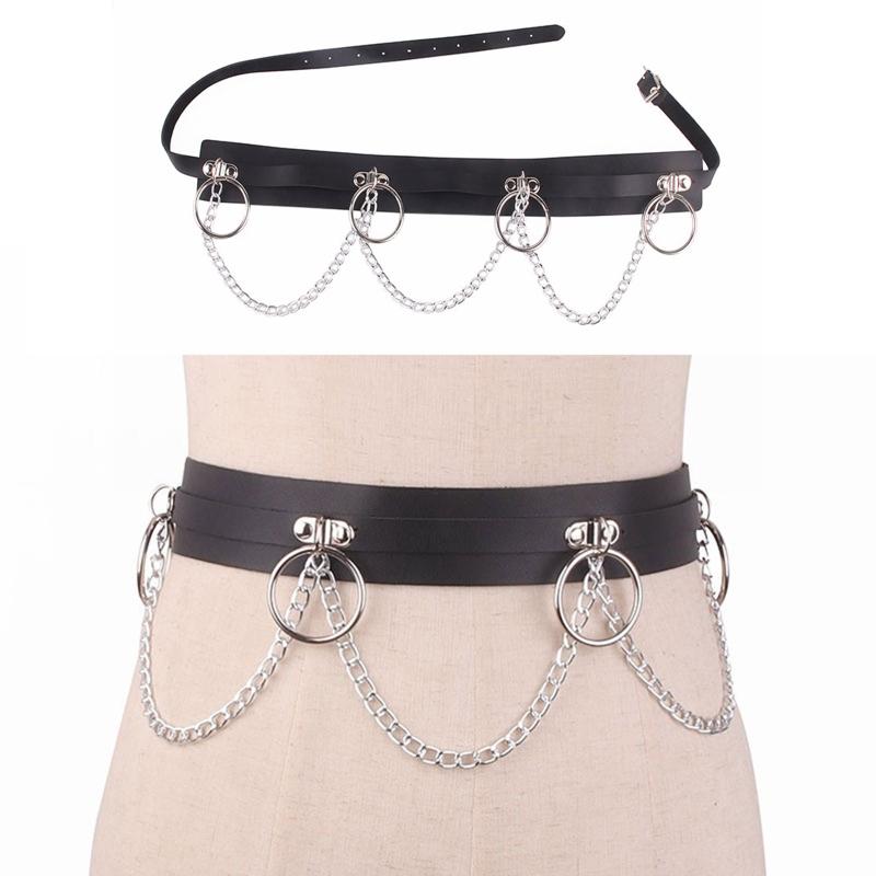 Gothic Waist Chain Alloy and PU Leather Body Chains with Rounded Circle Decor Body Straps Accessories for Women and Girl