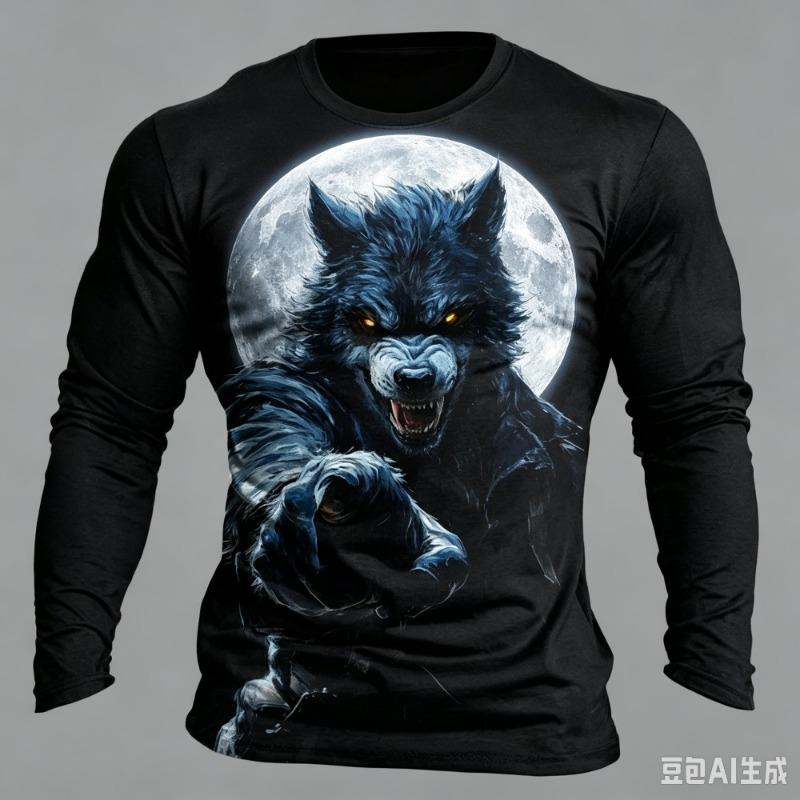 Werewolf Full Moon Pattern 3D Printed Men's Long-Sleeved T-Shirt - Fashionable and Cool -   Outdoor Street Sports Breathable Top