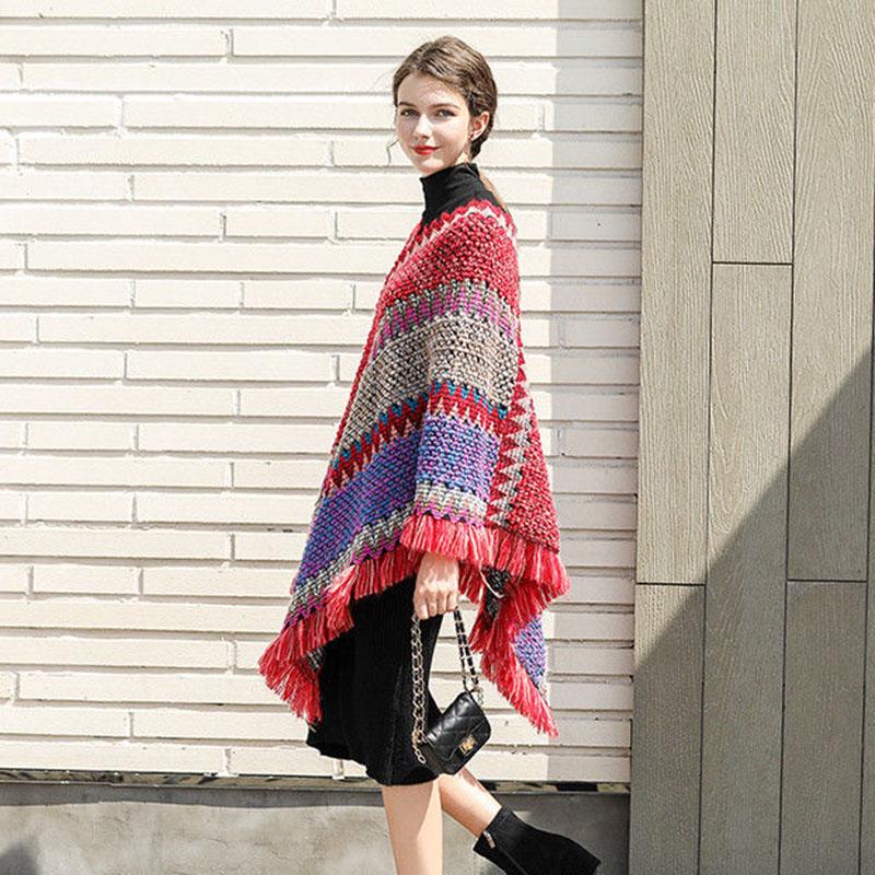 Vitange  Ethnic Pullover Sweater Coat Women Autumn Color Block Striped Loose Knit Sweater Fringed Hem Shawl Top