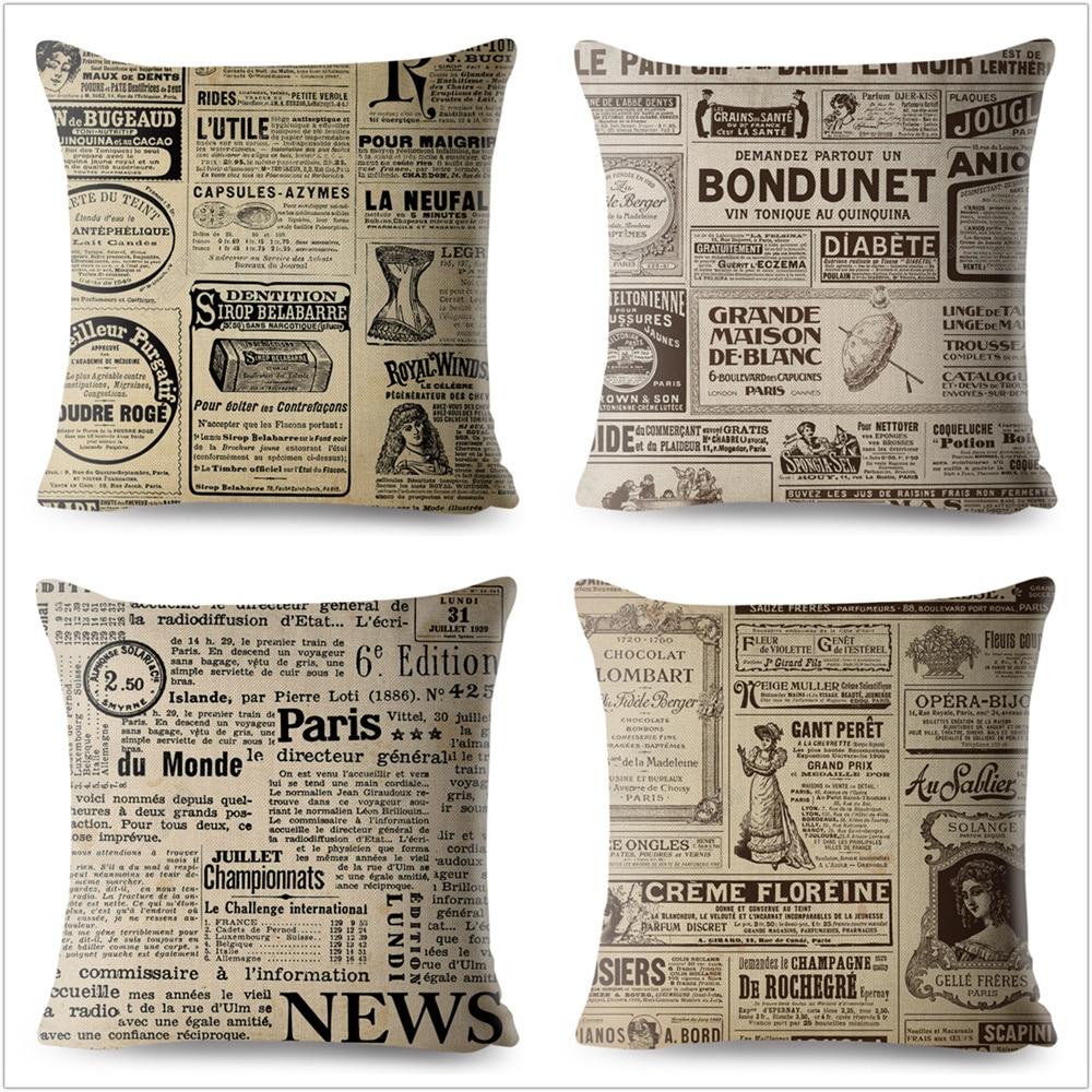 Buy 45x45cm Linen Vintage Newspaper Cushion Cover for Sofa Home Decor