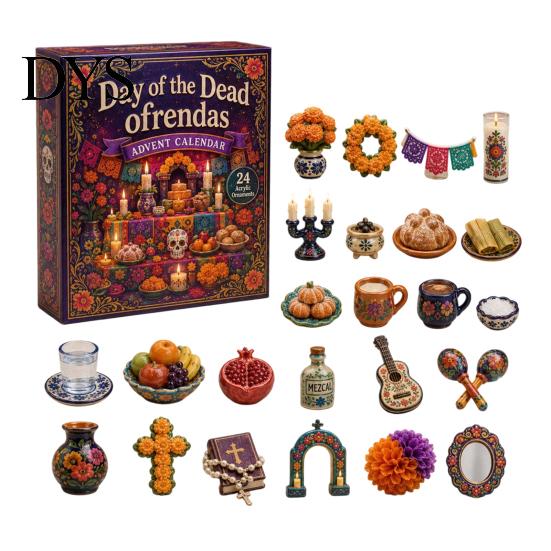 Skull Flower Advent Day of The Dead Calendar, 24-Day Acrylic Ornament Set with Gothic Holiday Countdown Gift And Marigold Designs, Halloween