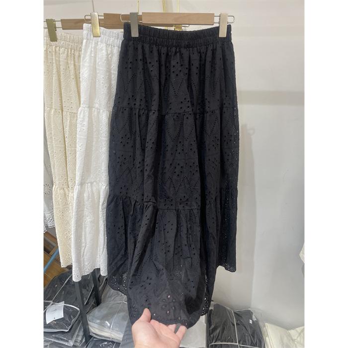 

[Original fabric] Korean high-waisted and thin embroidery hollow medium and long skirt women s A-shaped skirt versatile skirt XL чорний