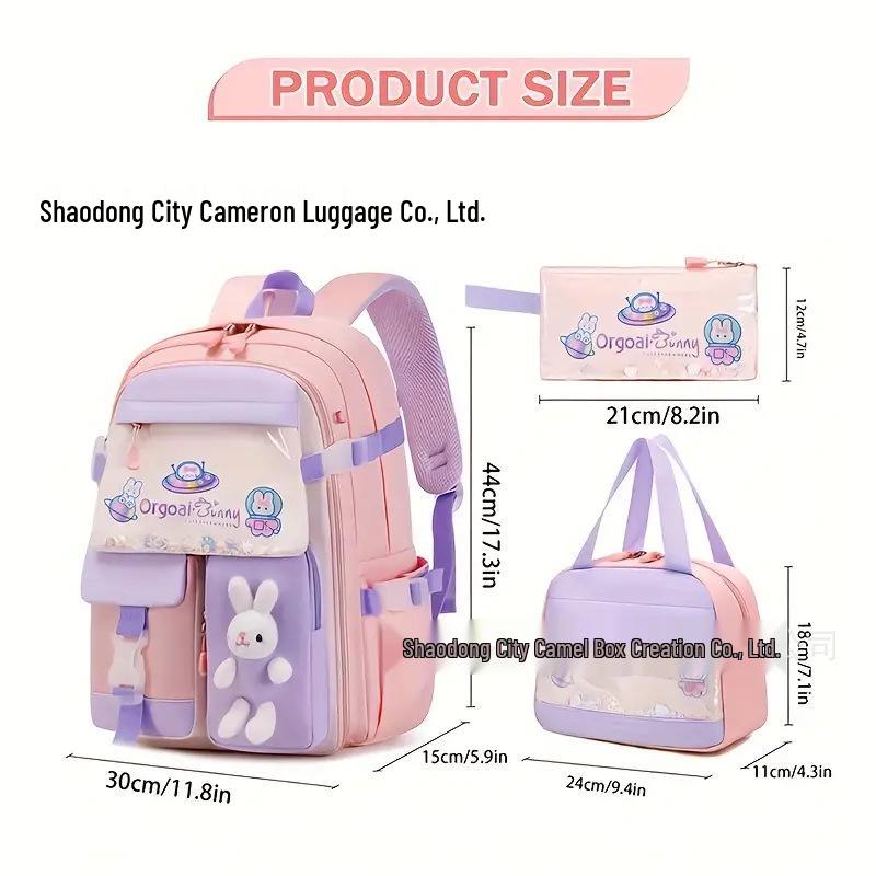 3-Piece Ultra-light Rabbit Backpack Set for Girls, Grades 1-6: Includes School Bag, Lunch Bag, and Pencil Case