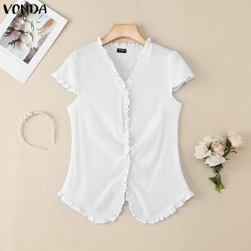 VONDA Summer Women Casual V-Neck Short Sleeve Ruffled Hem Slim T-shirts Tops