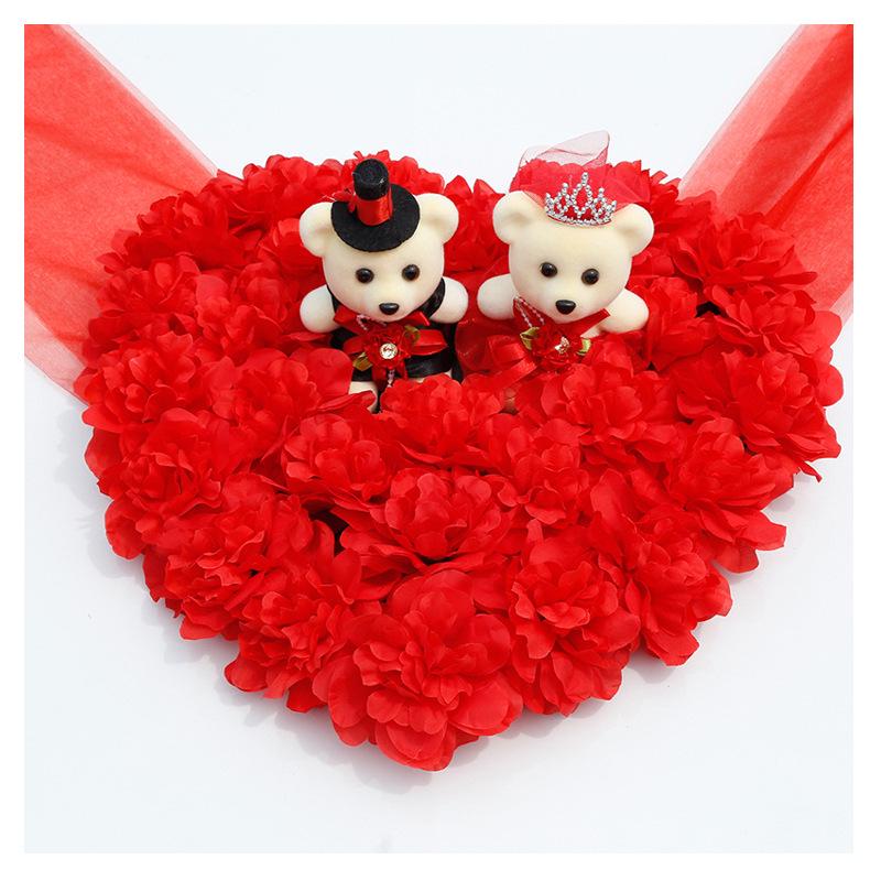 Heart-Shaped Bear Wedding Car Decoration Set - Simulated Flower Arrangement