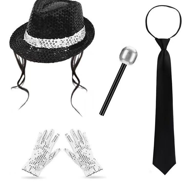 Michael Jackson Costume Accessories Set - Sequin Fedora Hat + Rhinestone Gloves + Aviator Sunglasses, Halloween Cosplay Party Dr
