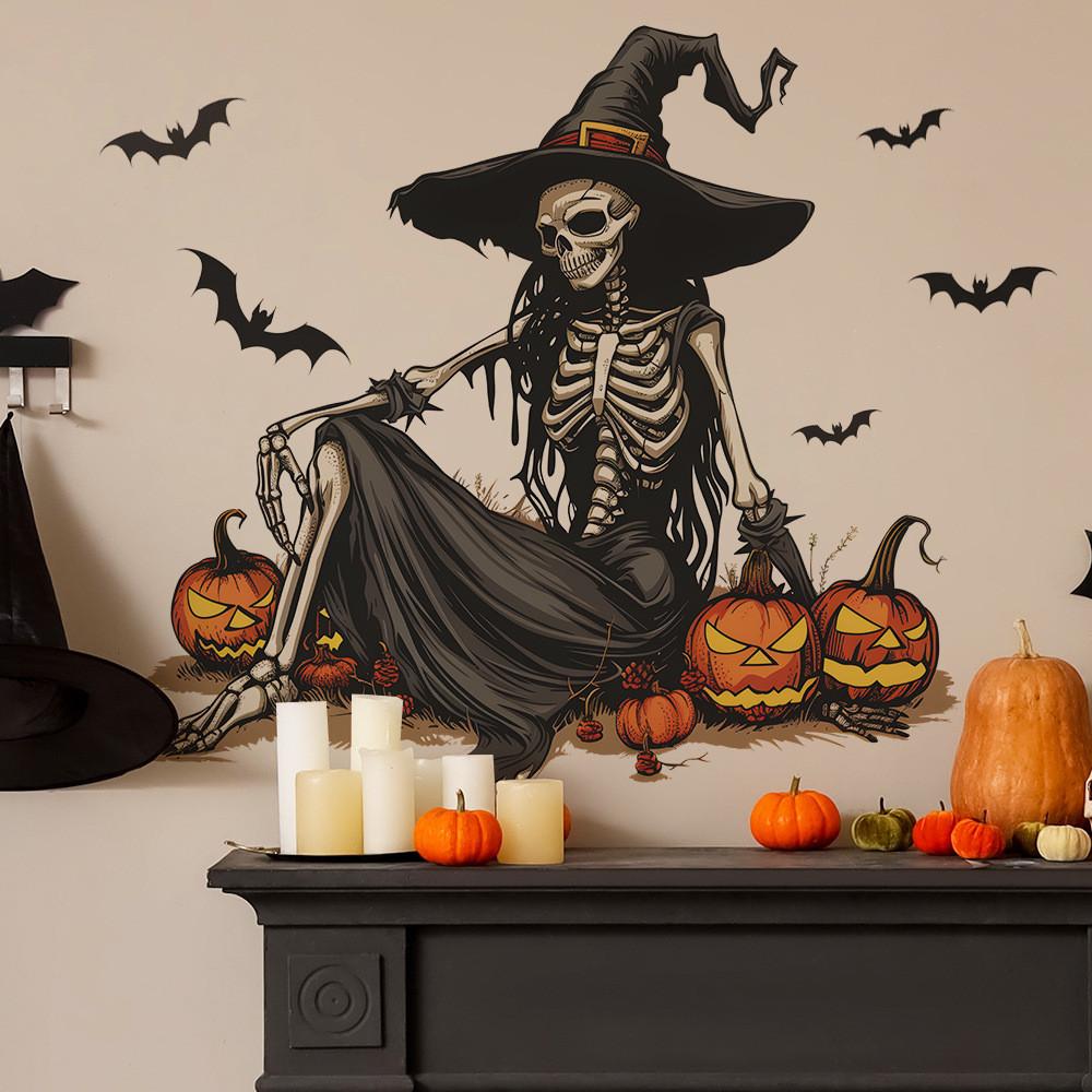 Halloween Witch Skeleton Pumpkin Bat Living Room Foyer Background Decor Stickers