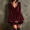 Women's Color Velvet Boho Dress with and Bell Sleeves for Evening Party