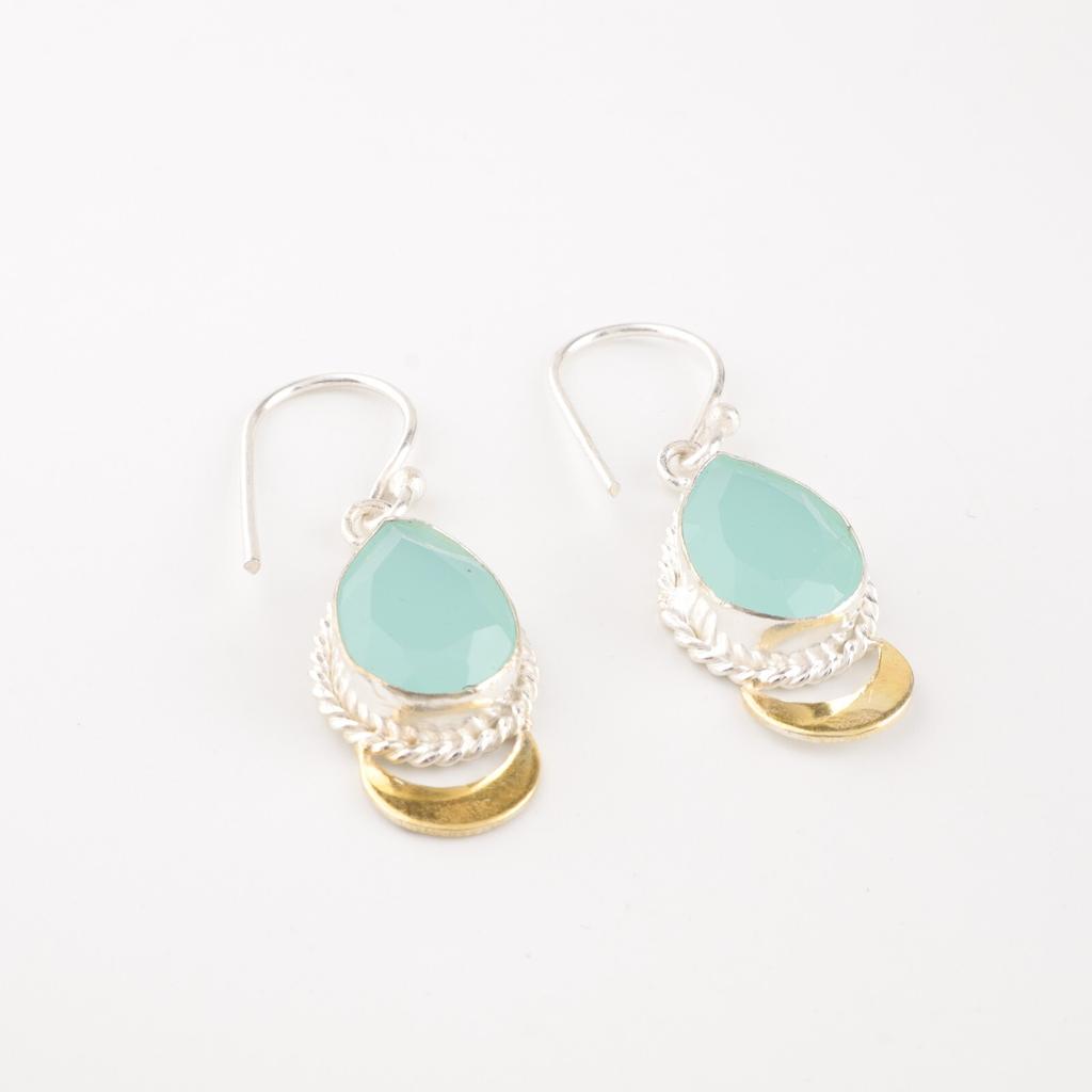 Aqua Chalcedony Gemstone 925 Sterling Silver Jewelry Handcrafted Earrings 1.5" EE-162-16