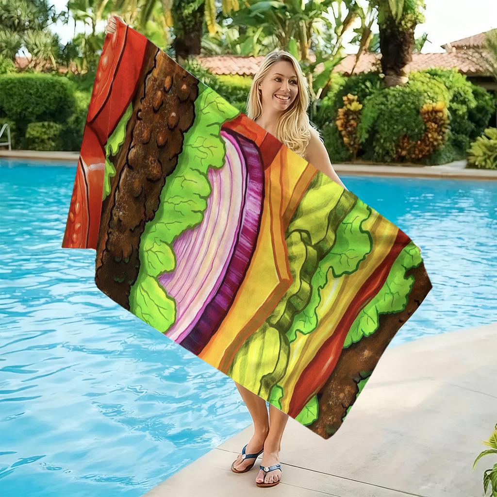 1PC Cartoon Hamburger Beach Towel Quick-drying Towel Suitable for Seaside Pool Camping Vacation Yoga For Family Friends Children