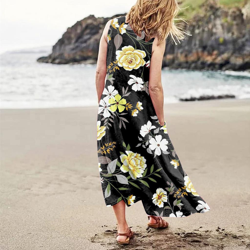 Women's Summer Casual Fashion Flower Printed Sleeveless Round Neck Pocket Dress