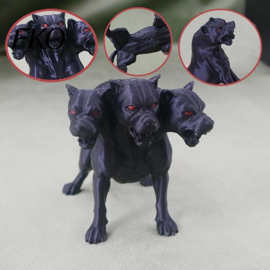 Fantasy Dog Figure 3D Printed Three-Headed Figurine, 3 Heads Black Sculpture, Red Eye Figurine Horror Mythical Animal Ornament for Home