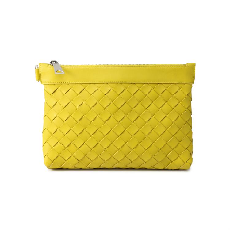 Bottega Veneta Intrecciato Woven Zip Leather Pouch Men Clutch Yellow Apricot 651854V0E512671