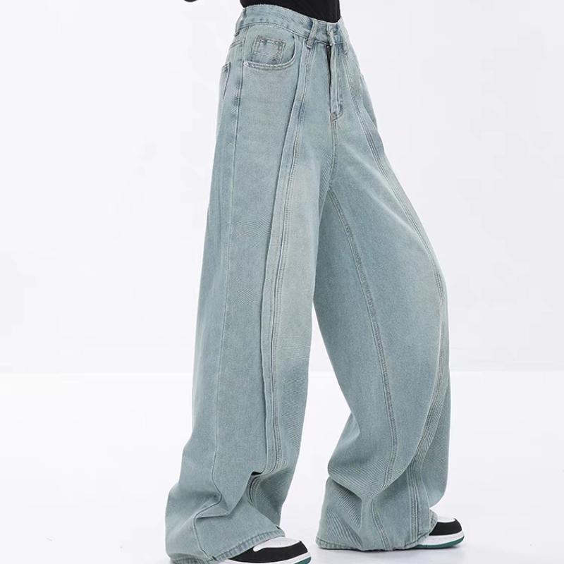 GMXIA Weitbeinige Jeans Damen Locker Hochtailliert Fallend Hundert Schleppende Hosen Taschen High Street Trend Gerade Hosen