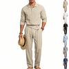 Men's Spring Autumn Linen Casual Set Loose Button-Down Collar Long Sleeve Shirt & Pants Two-Piece Outfit