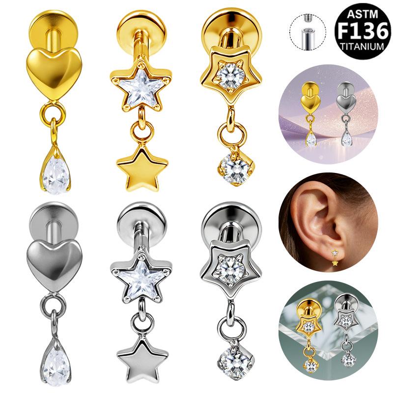 Gaibei European-American G23 Titanium Star Pendant 3D Stud Earrings for Ear Cartilage