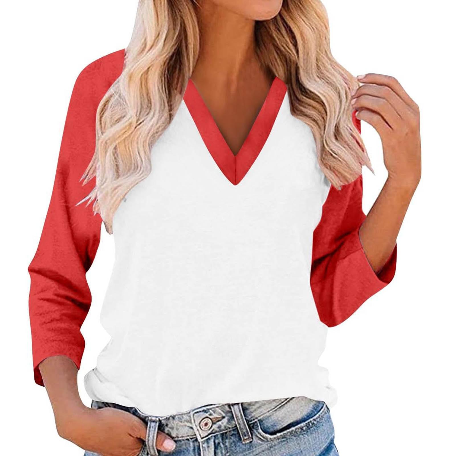 

Women s Casual And Fashionable Patchwork V-Neck Top With Seven Quarter Sleeves Top XL кавун червоний колір