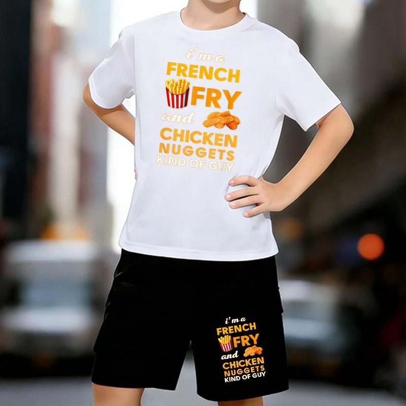 

Boys 2 Piece Fast Food Letter Print Outfit, Short Sleeve T-Shirt and Shorts Set for Kids Age 5-14,Black and White Sporty Casual Summer Clothes 13-14 Years