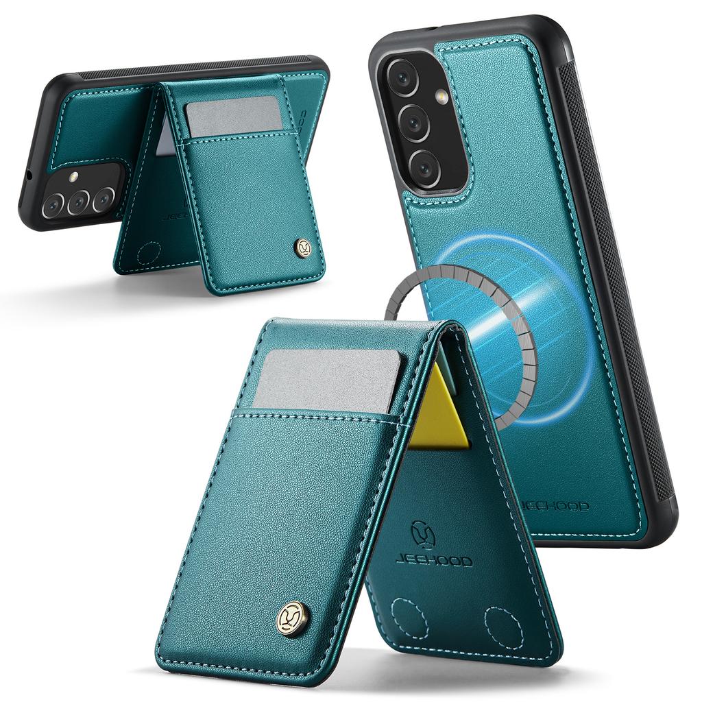 For Samsung Galaxy A14 4G/Galaxy M44 5G/Galaxy A14 5G Leather Back Cover Compatible with MagSafe JEEHOOD J06 Phone Case with Card Bag RFID Blocking