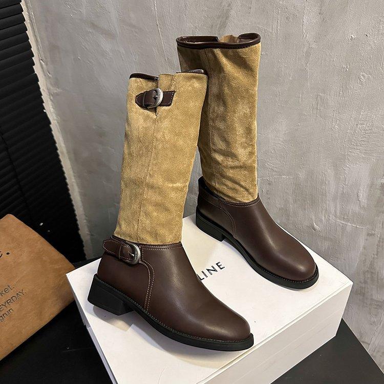 

French retro western boots women s 2025 new suede tall boots knight boots belt buckle color matching pile boots women s boots 35